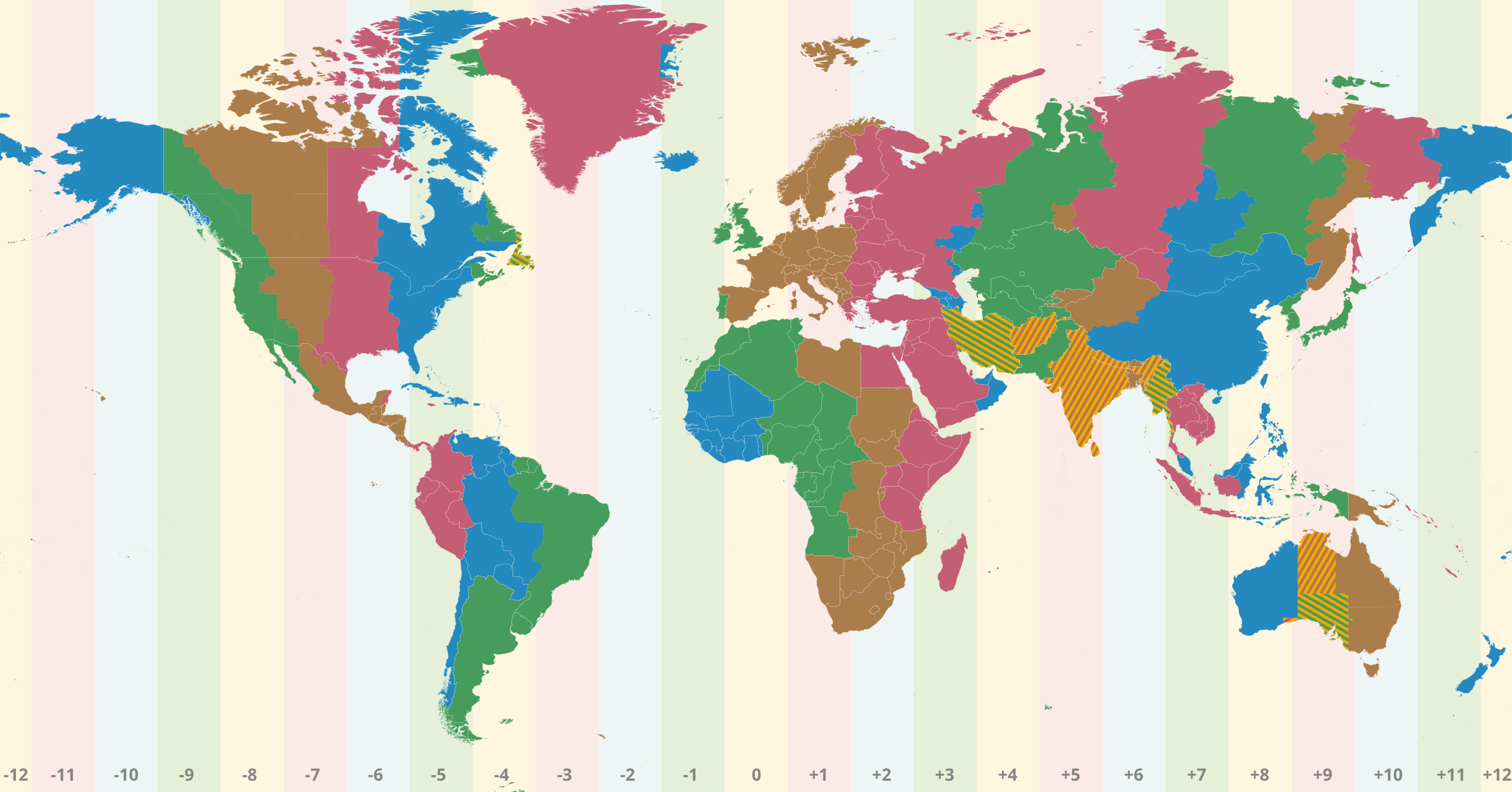World map with highlighted time zone UTC+3:30