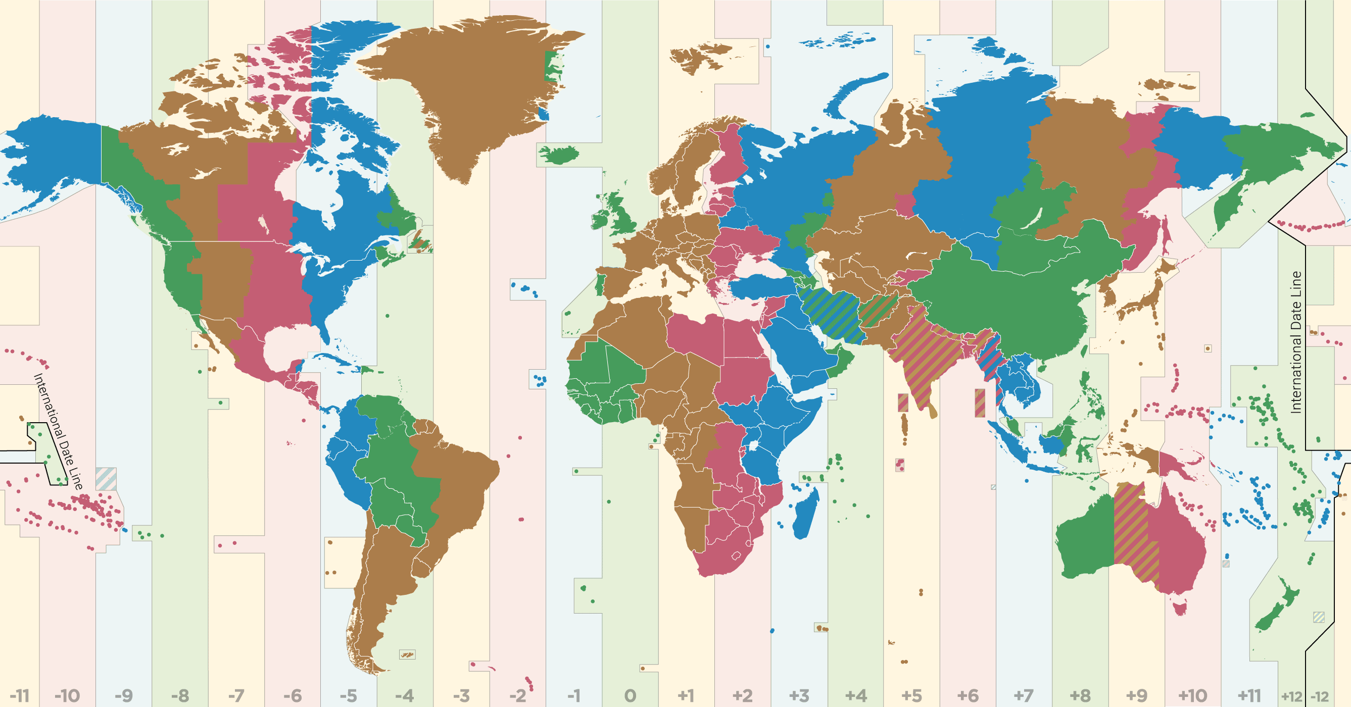 Wereldkaart met geaccentueerde tijdzone UTC+0